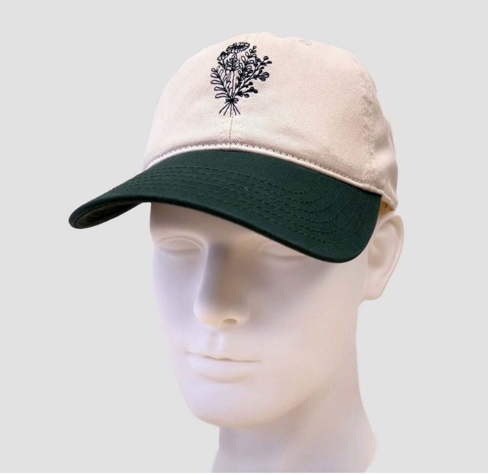 Mighty Fine Embroidered Flower Two-Tone Baseball Hat in Cream and Green